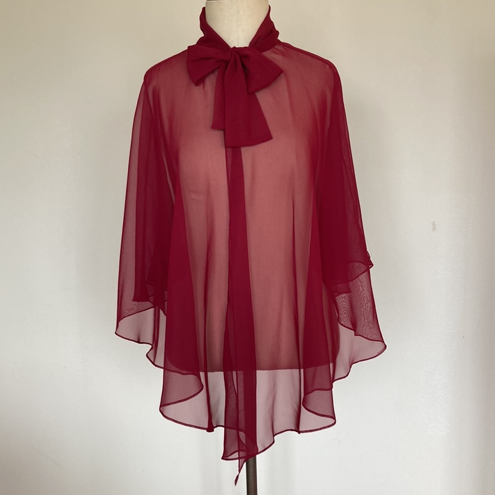 70s 2-piece set, maxi sleeveless dress and sheer floral capelet, burgundy, S - Picture 12 of 16